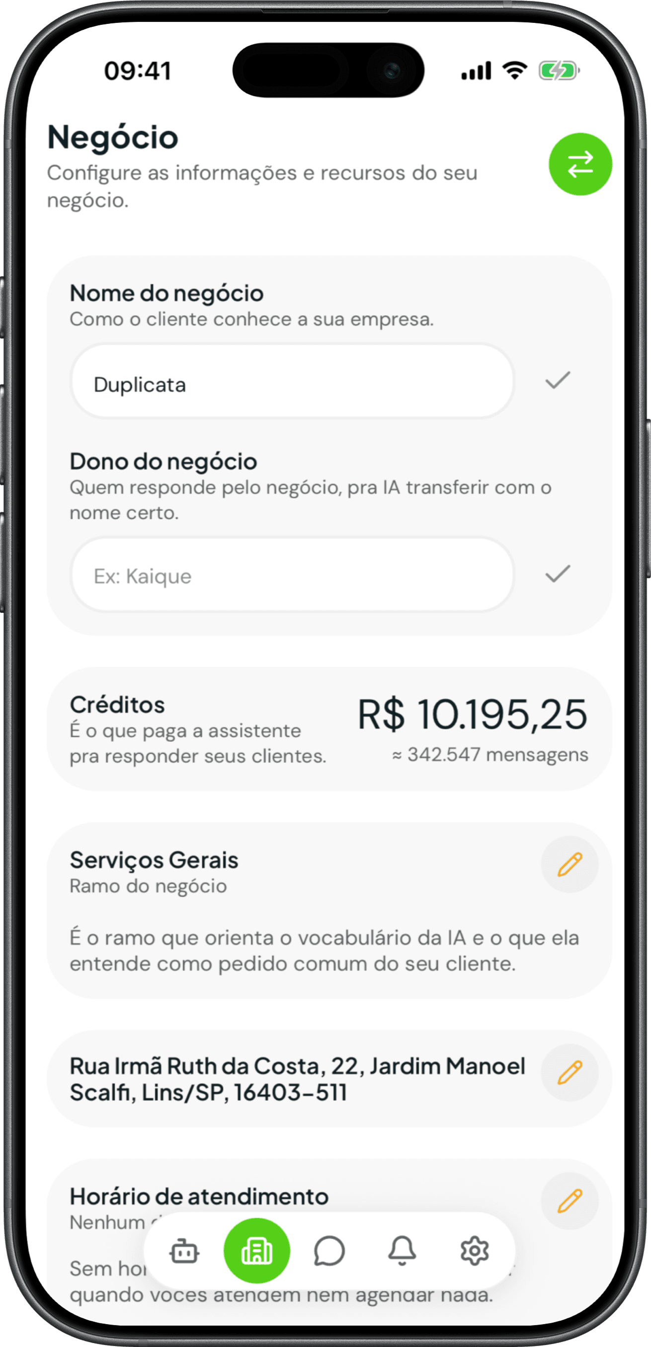 Configuração do negócio